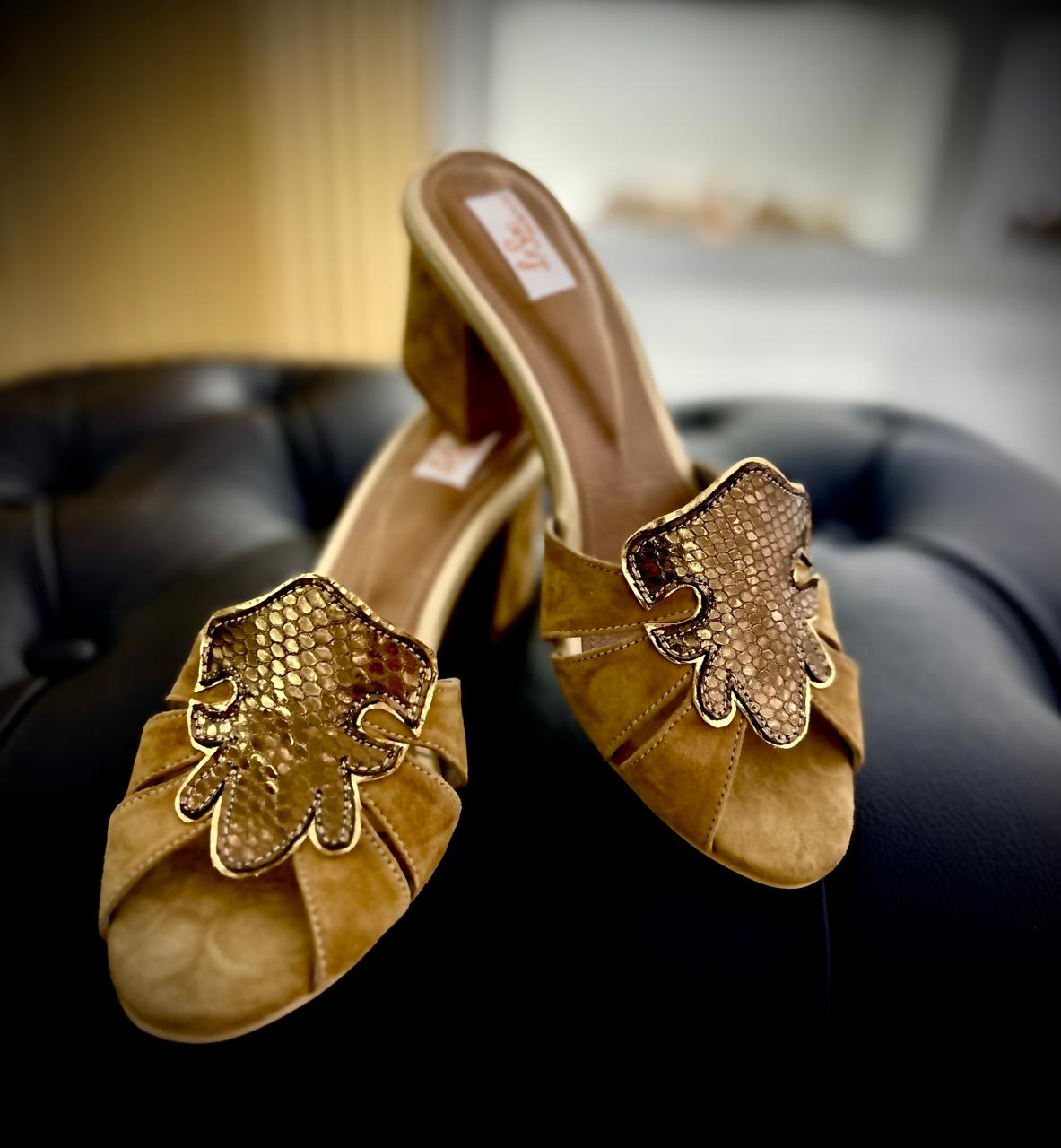 Stylish Golden Heeled Sandal with Leaf Motif