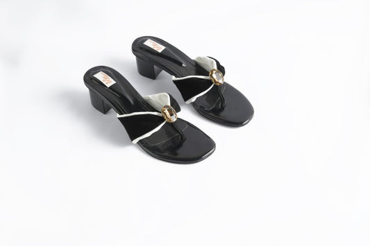 Bold Black Heeled Leather Sandals with Suede Strap