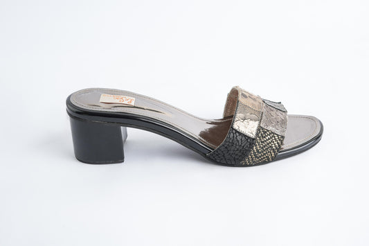 Heeled Leather Sandals with Bold Multi-Pattern Strap