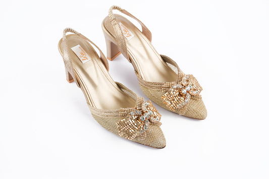 Heeled Sandals with Metallic Mesh Bow and Studded Diamantes