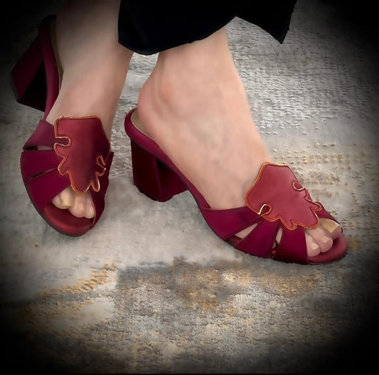 Stylish Maroon Heeled Sandal with Leaf Motif